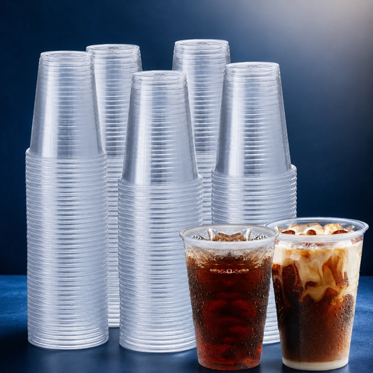 Clear Party Cups, 50 or 100 Count on a midnight navy and icy-blue studio backdrop