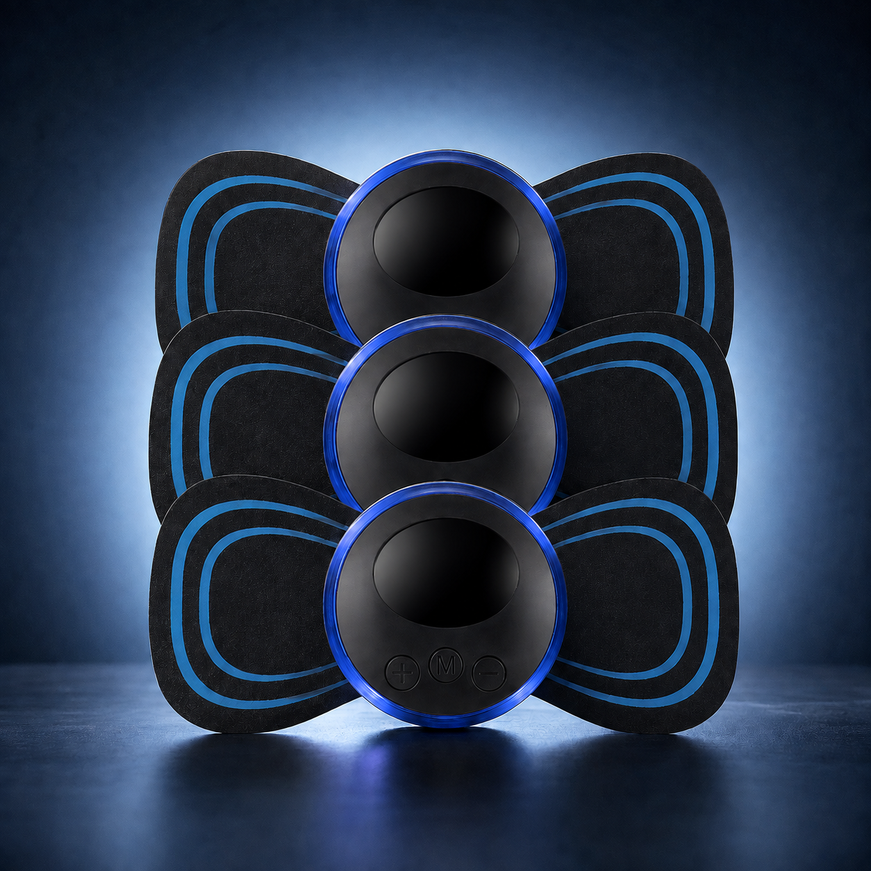 Compact EMS Massage Pad Set on a midnight navy and icy-blue studio backdrop