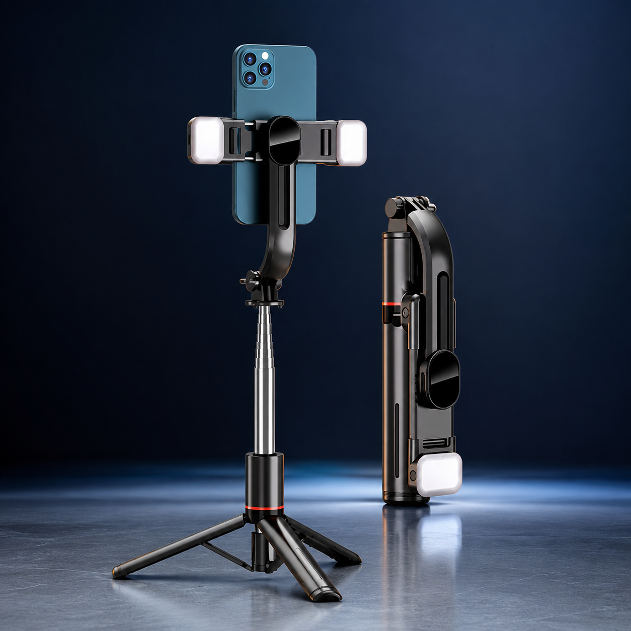 Extendable Selfie Stick & Tripod on a midnight navy and icy-blue studio backdrop