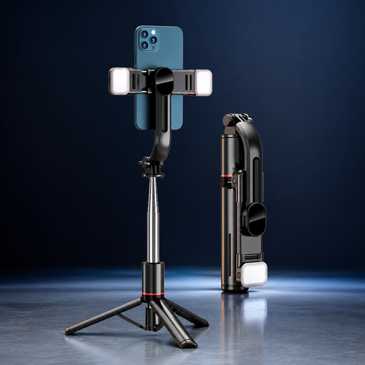 Extendable Selfie Stick & Tripod on a midnight navy and icy-blue studio backdrop
