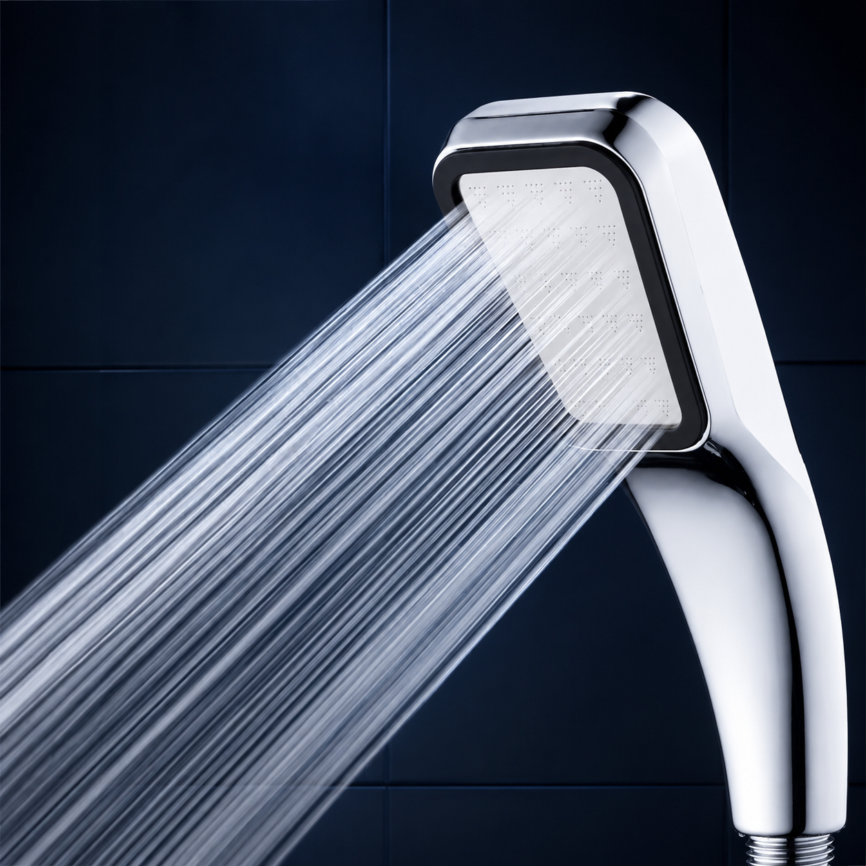 Handheld Rainfall Showerhead on a midnight navy and icy-blue studio backdrop