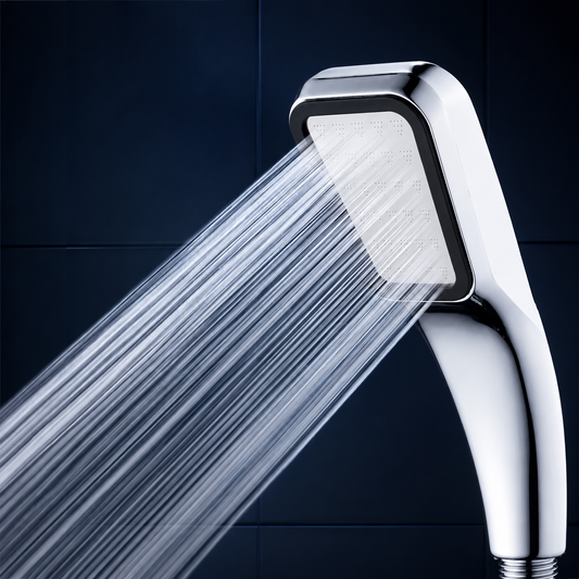 Handheld Rainfall Showerhead on a midnight navy and icy-blue studio backdrop