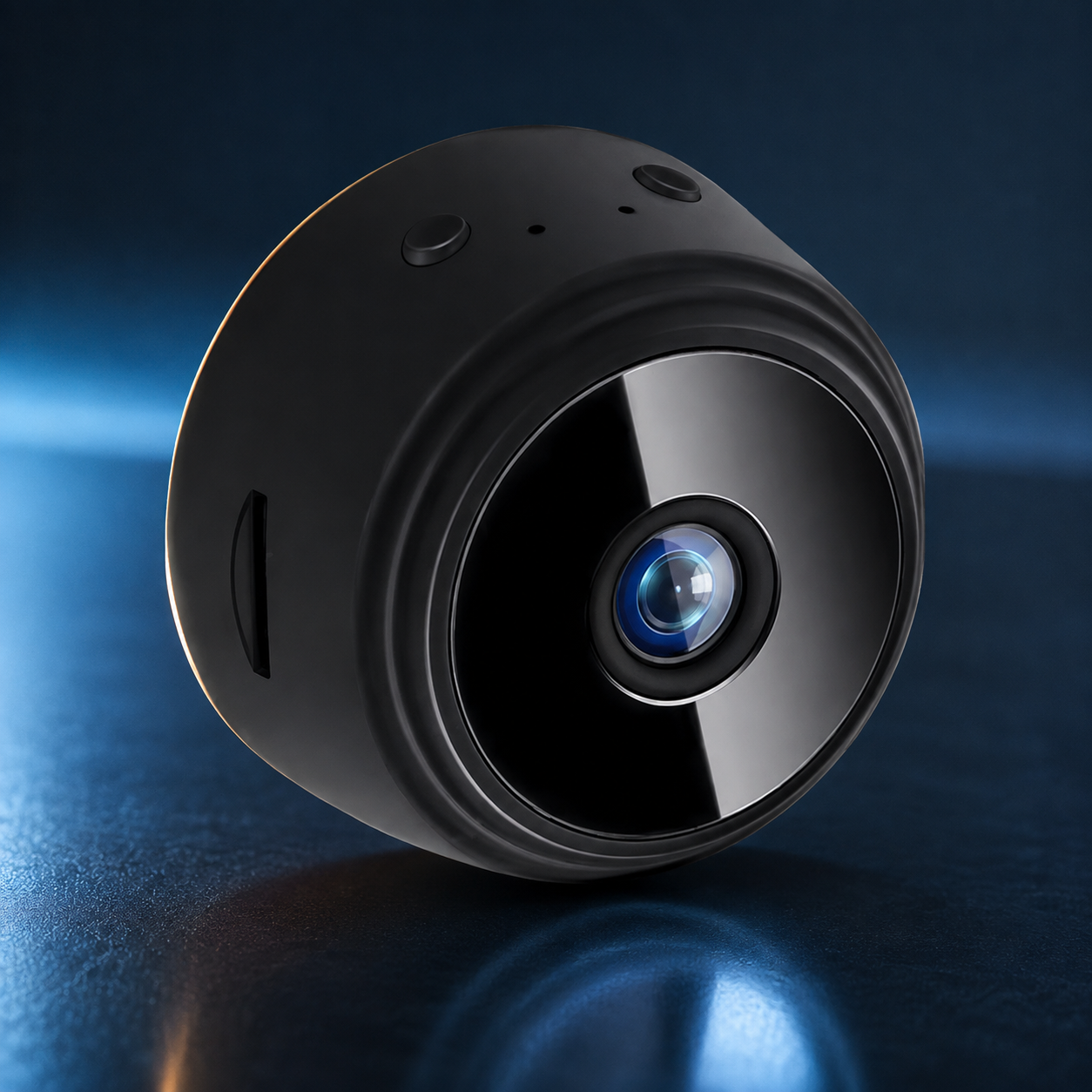 Mini 2.4 GHz Wi-Fi Monitoring Camera on a midnight navy and icy-blue studio backdrop