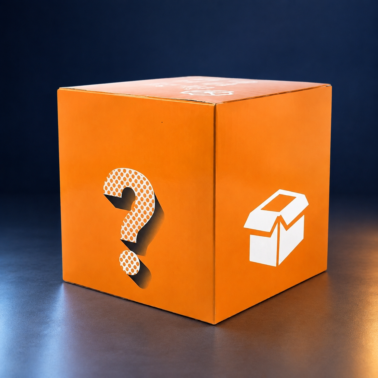 Mystery Toy Surprise Box on a midnight navy and icy-blue studio backdrop