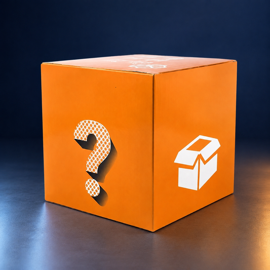 Mystery Toy Surprise Box on a midnight navy and icy-blue studio backdrop