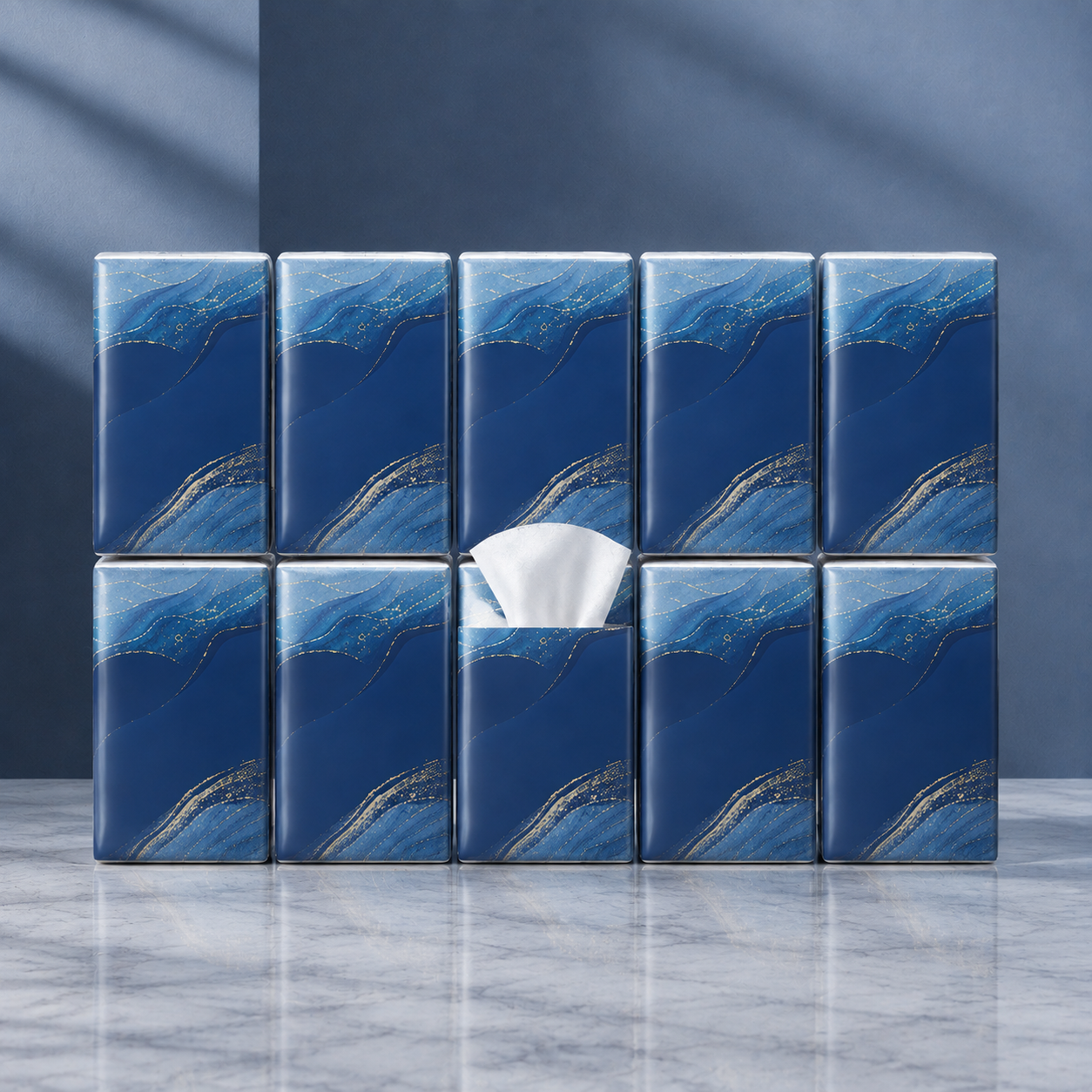 Pocket Facial Tissues, 10-Pack on a midnight navy and icy-blue studio backdrop