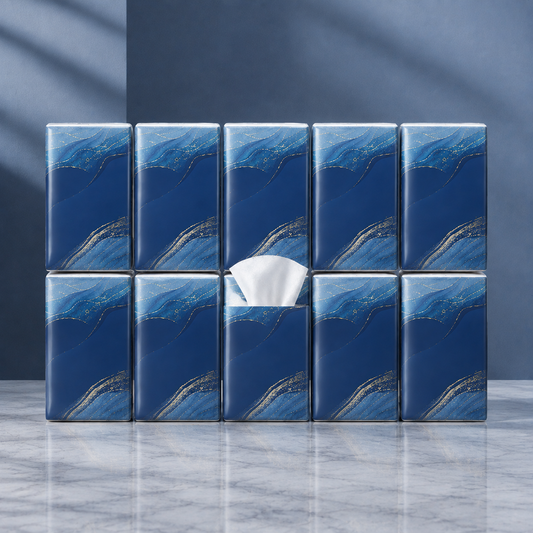Pocket Facial Tissues, 10-Pack on a midnight navy and icy-blue studio backdrop