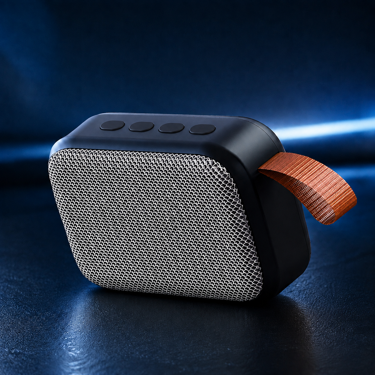 Portable Mini Bluetooth Speaker on a midnight navy and icy-blue studio backdrop
