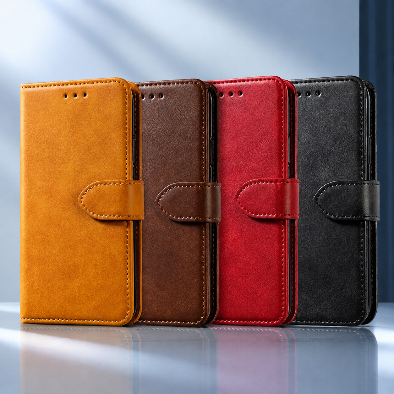 PU Leather Wallet Case for iPhone on a midnight navy and icy-blue studio backdrop