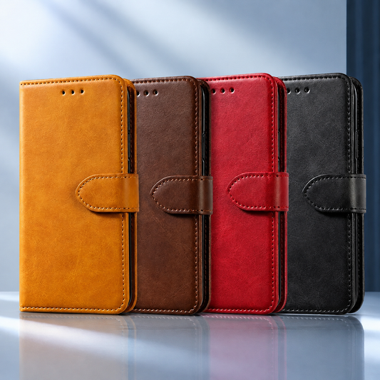 PU Leather Wallet Case for iPhone on a midnight navy and icy-blue studio backdrop