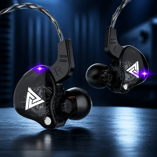 QKZ AK6 Wired In-Ear Earbuds on a midnight navy and icy-blue studio backdrop