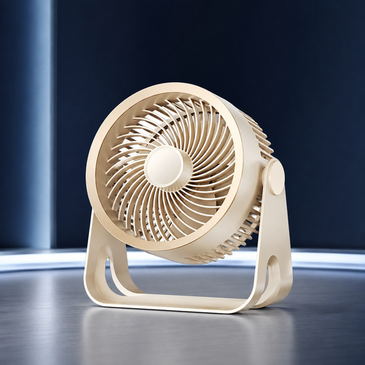 Rechargeable Desktop Air Circulator on a midnight navy and icy-blue studio backdrop
