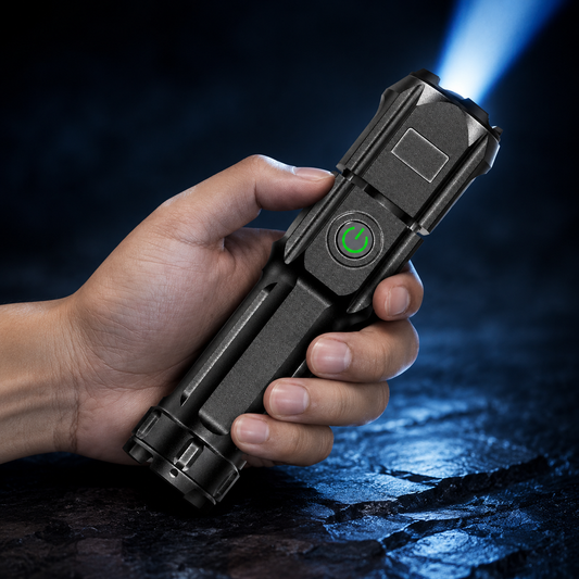 Rechargeable USB LED Flashlight on a midnight navy and icy-blue studio backdrop