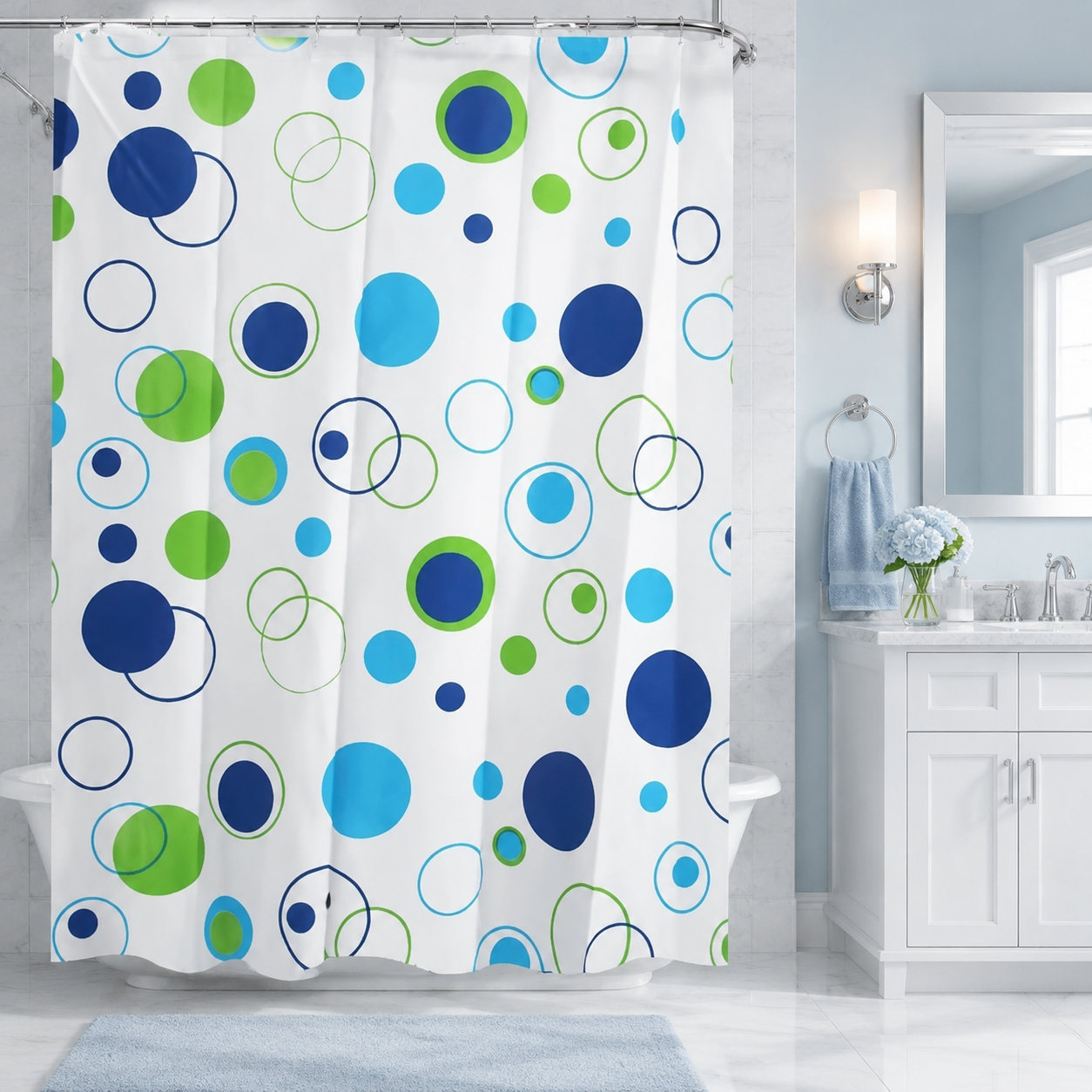 Waterproof Shower Curtain Set with Hooks on a midnight navy and icy-blue studio backdrop