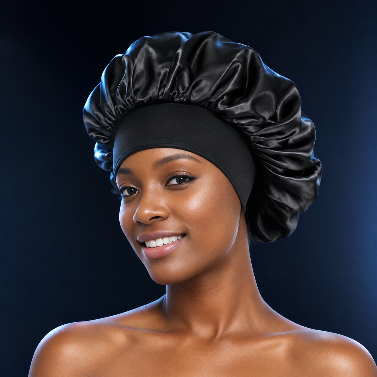Wide-Band Satin Sleep Bonnet on a midnight navy and icy-blue studio backdrop