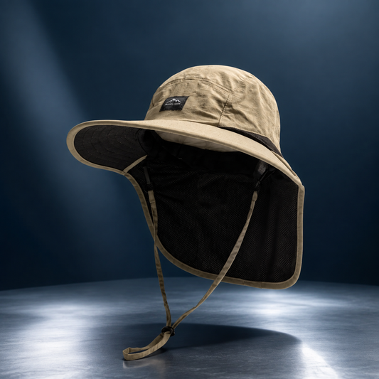Wide-Brim Sun Hat with Neck Coverage on a midnight navy and icy-blue studio backdrop